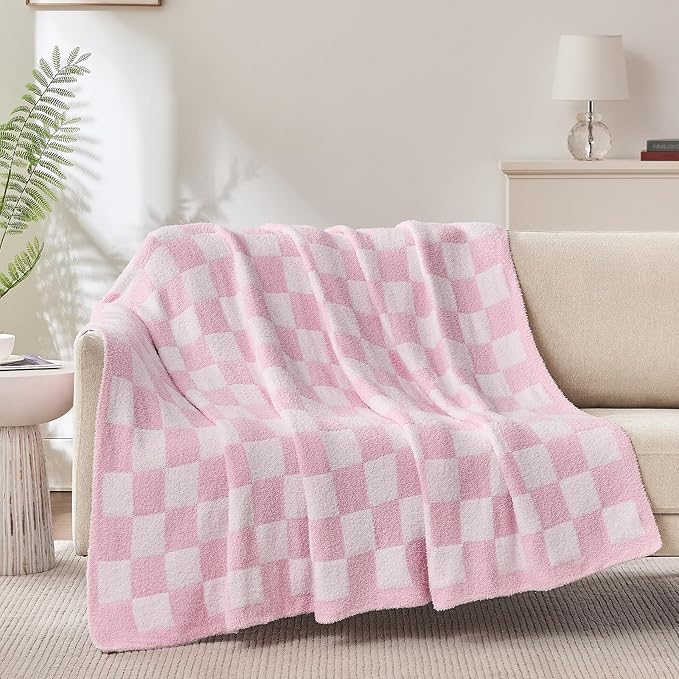 Checkered Throw Blanket, Pink Soft Cozy Fluffy Knitted Throw Blankets for Couch, Sofa, Bed, Chair, Warm Fuzzy Travel Picnic Lightweight Plaid Blanket, 60x80 inches
