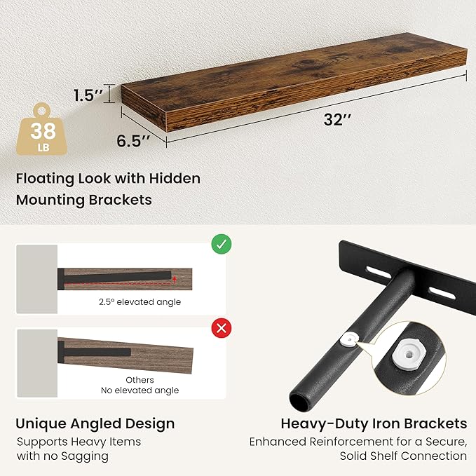 Fun Memories Floating Shelves for Wall, Rustic Wood Wall Mounted Shelves for Bathroom, Bedroom, Living Room and Kitchen, Storage & Home Decor (Set of 2, Brown, 32 in)