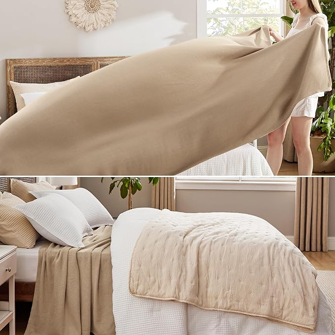 Bedsure GentleSoft 100% Cotton Blanket King Size for Bed - Breathable and Lightweight, Soft Cozy Textured Herringbone Woven Blanket for Summer, Light Brown, 108x90 inches