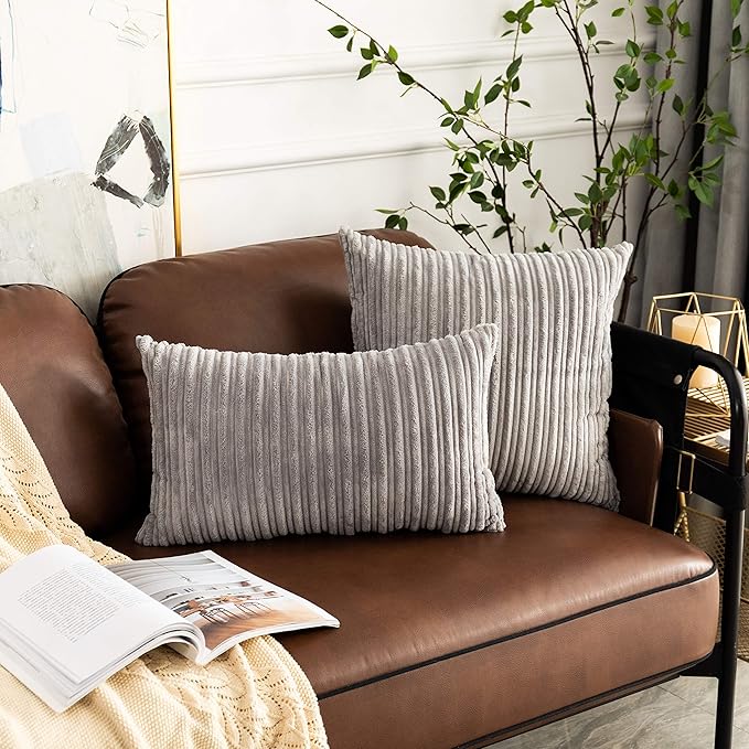 UGASA Super Soft Plush Corduroy Pillow Covers Solid Textured Large Throw Euro Pillow Sham Cushion Cover for Couch Floor, 2 Pcs, 16 x 16, Light Grey