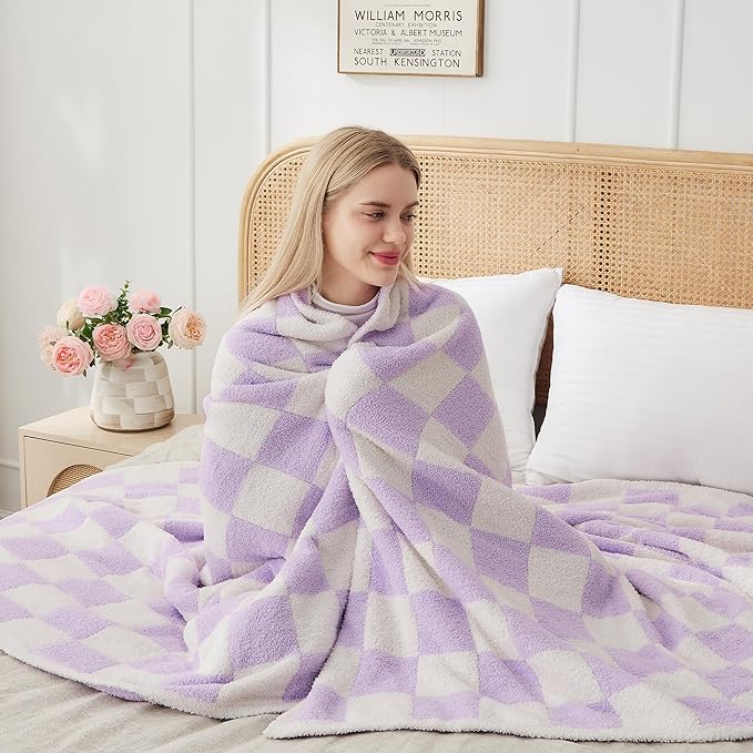 JOOJA Soft Cozy Checkerboard Lilac Blanket Fluffy Knit Throw Blanket for Couch Plaid Checkered Blanket Lilac 50x60 in