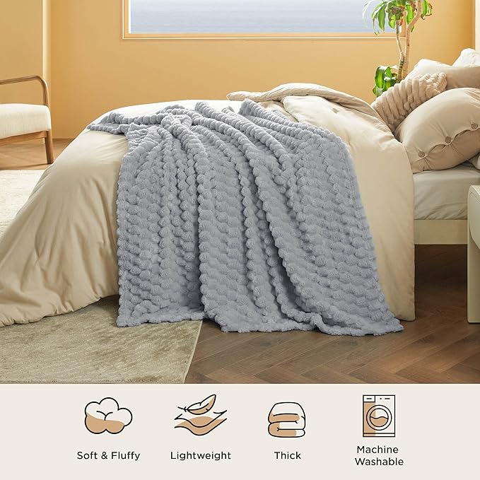 Bedsure Light Grey Throw Blanket for Couch - 350GSM Fluffy Plush Bubble Blanket for Bed Home Room Decor, GentleSoft Cute Fleece Soft Cozy Gifts for Women Girls, 50x60 Inches