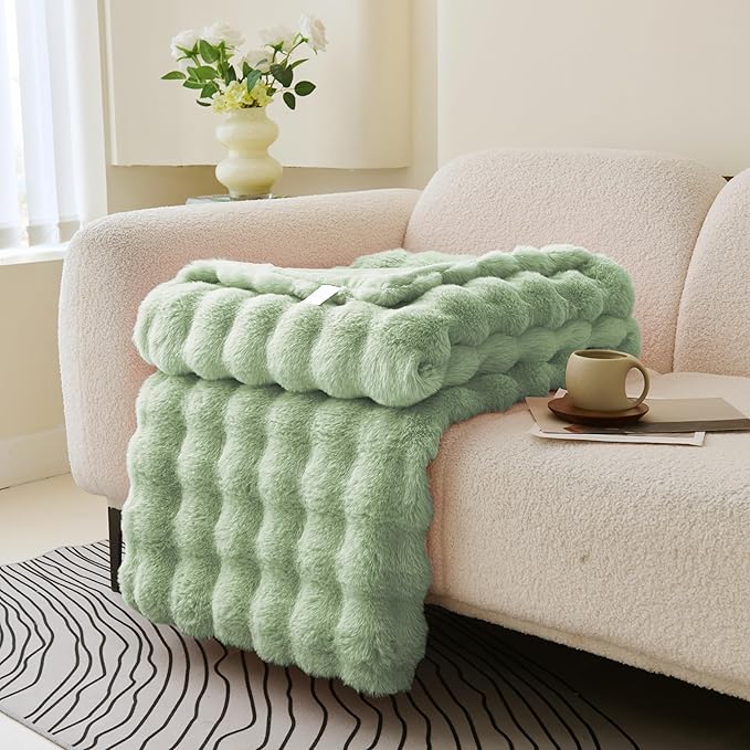 Comelady Faux Rabbit Fur Throw Blanket,Soft Fluffy Thick Bubble Blanket for Couch Bedroom Living Room Decor-Lightweight Cozy Fuzzy Plush Twin Blanket for Women Men,New Sage Green,60"×80"