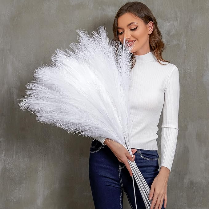 Faux Pampas Grass, 9 PCS 37''/3.1FT Tall Fluffy Fake Pompas Floral, Large Artificial Pompous Grass Branches for Floor Vase Fillers, Boho Farmhouse Room Wedding Decor (White)