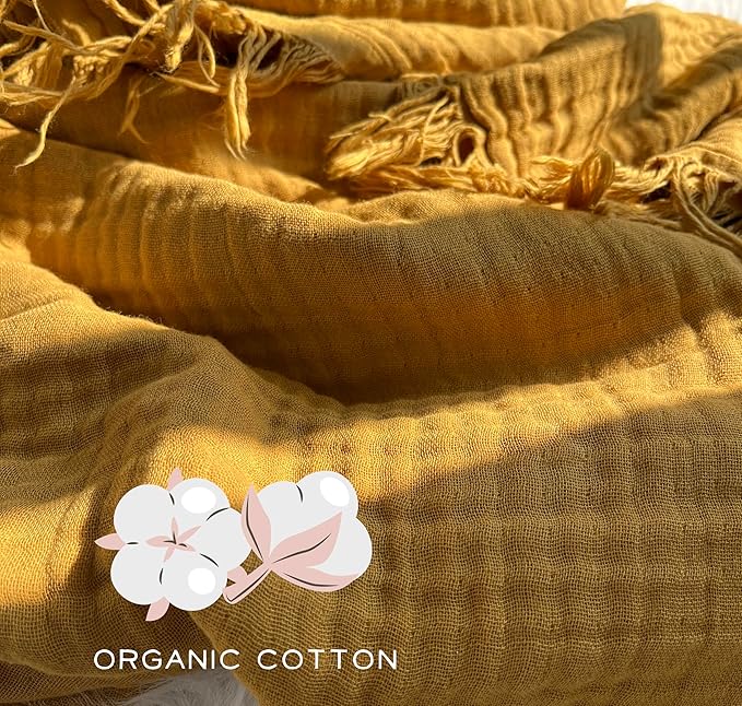KyraHome 100% Cotton Muslin Throw Blankets for Couch, 50"x60" Pre-Washed Plant Dyed, Breathable, Lightweight Muslin Throw Blankets for Adults, All Season, Mustard Yellow