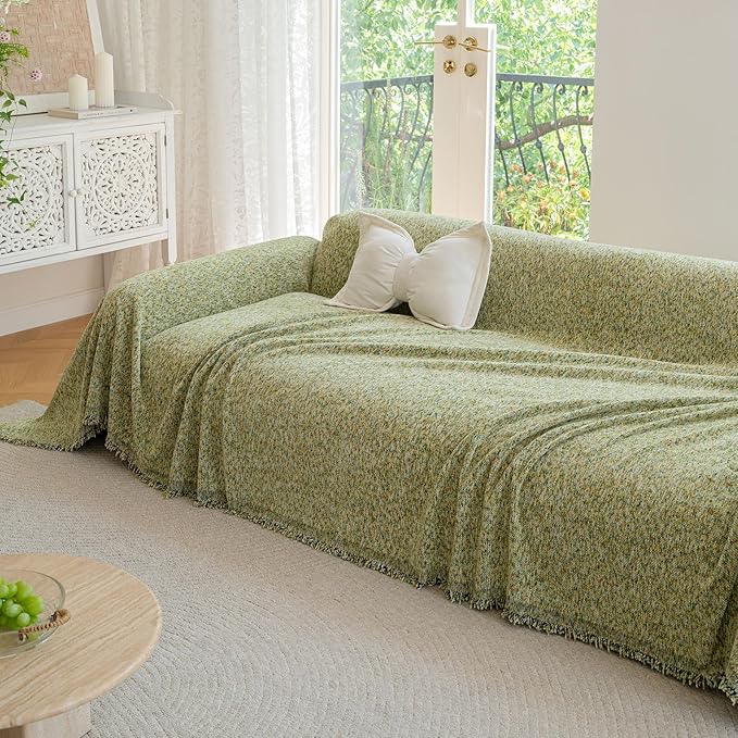 HANDONTIME Thick Chenille Couch Cover for Pets Washable Sofa Covers Blanket Boho Sectional Sofa Cover for 3 Cushion Couch Colorful Polka Dots Furniture Protector Pet Friendly, Meadow Green 71" X 150"