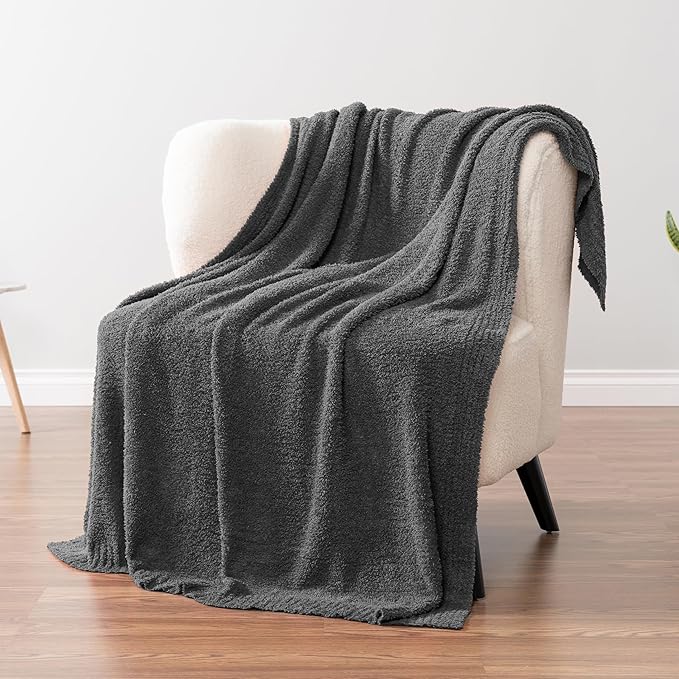 PAVILIA Super Soft Throw Blanket for Couch, Fluffy Cozy Lightweight Grey Blanket, Large Fuzzy Warm Knit Blanket for Bed Sofa, Dark Gray, 60x80