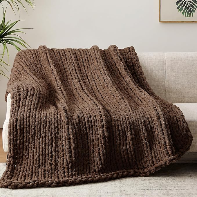 Chunky Knit Throw Blanket, 50''*60'' Knitted Throw Chenille Yarn for Bed Couch, Handmade Dark Brown Crochet Big Thick Blanket, Machine Washable Cute Comfy Blanket for Home Decor