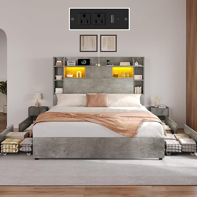 DWVO Queen Size Bed Frame with Bookcase Headboard and 4 Storage Drawers, RGB LED Bed Frame with Type-C & USB Charging Station Storage Headboard Bed, No Box Spring Needed, Noise Free, Grey