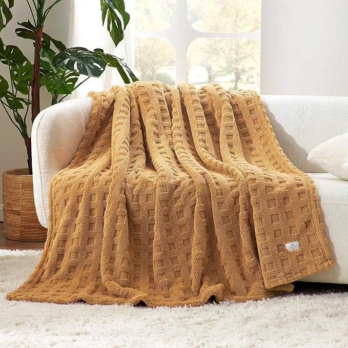 Cozy Bliss Ultrasoft Waffle Throw Blanket, Fluffy Cute Plush Blanket for Couch, Bed, Modern Home Accent, Portable for Picnic or Outdoor, Brown, 60"x80"