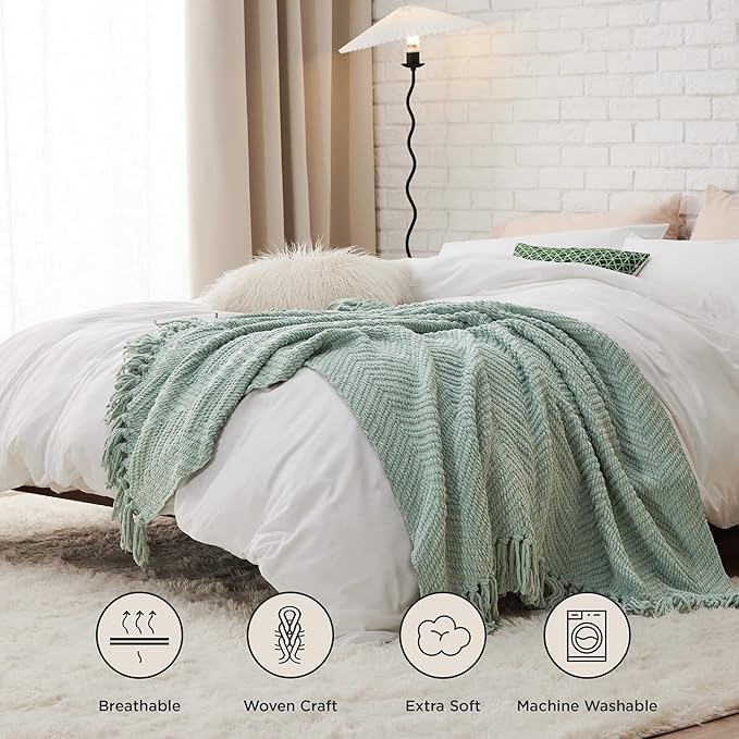 Bedsure Sage Green Throw Blanket for Couch ?Versatile Knit Woven Chenille Blanket for Chair, Super Soft, Warm & Decorative Blanket with Tassels for Bed, Sofa and Living Room (Sage Green, Throw)