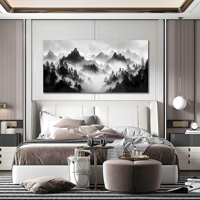 Forest Canvas Wall Art for Office - Black and White Landscape Pictures for Living Room - Mountain Wall Decor for Bedroom Men Size 24" x 48"
