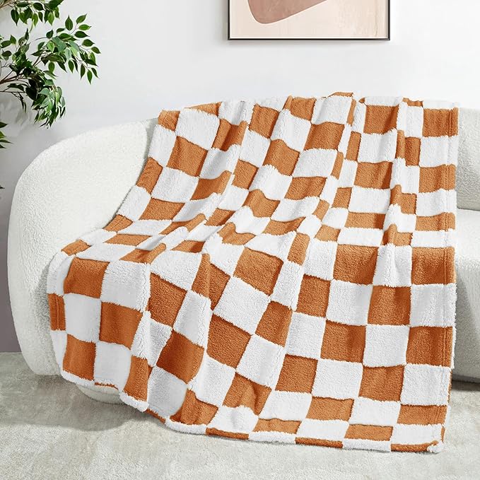 Exclusivo Mezcla Fleece Blanket Queen, Cozy Lightweight Fuzzy Checkered Blanket for Bed, Suitable for All Seasons, Coral Orange, 90" x 90"