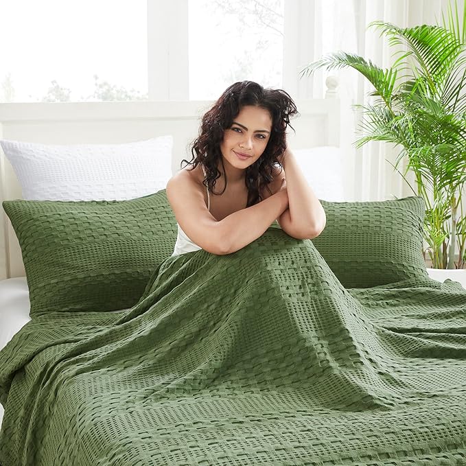 VHC Brands 100% Cotton Waffle Weave Twin Blanket 66"x90", Decorative Lightweight Spring and Summer Throw Blanket, Bedroom Decor for Bed, Couch, or Sofa, Olive Green