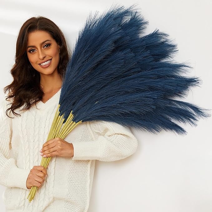 Blue Pampas Grass, 9 PCS 37''/3.1FT Tall Fluffy Fake Pompas Floral, Large Faux Pompous Grass Branches for Floor Vase Fillers, Boho Farmhouse Room Wedding Decor (Blue)