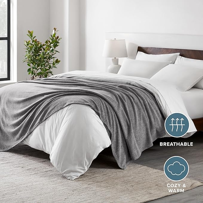 Bare Home Polar Fleece Blanket - Extra Long - Heathered Light Grey - Warm & Cozy - Premium Fleece Throw for Bed, Camping and Travel - Lightweight (Twin/Twin XL, Heathered Light Grey)