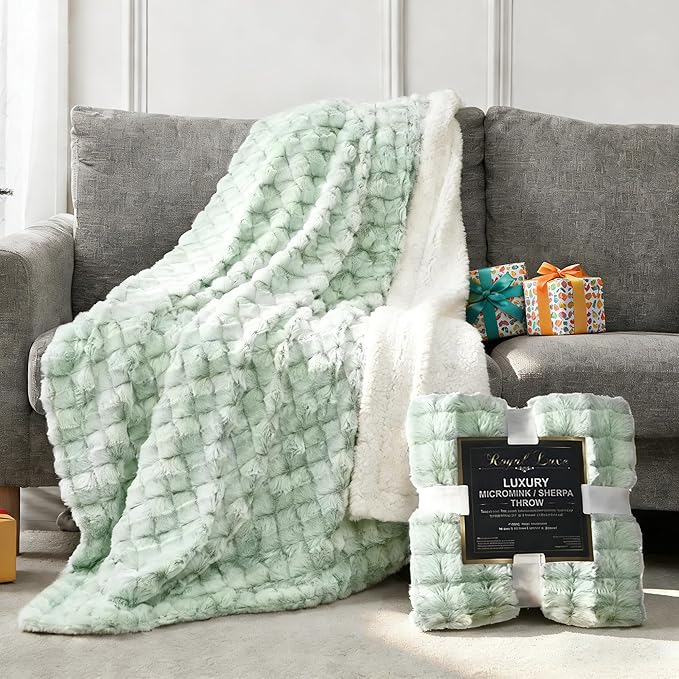 Micromink Sherpa Throw Blanket for Couch, Fluffy Plush Reversible Throw Blanket for Sofa Bed Chair Room Decor - Luxury Soft Cozy Gifts for Women, 50 x 60 Inches, Green