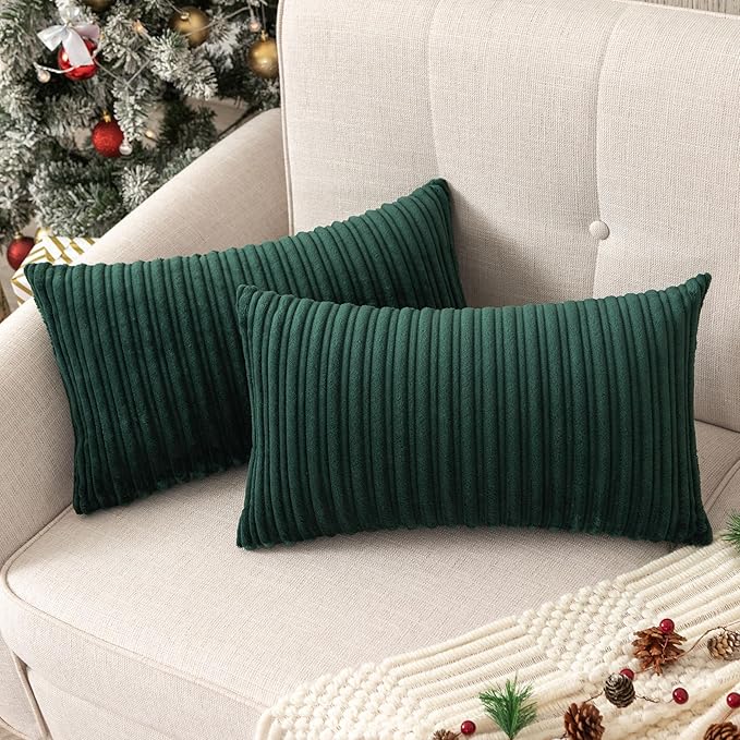 UGASA Christmas Velvet 12x20 Inch Lumbar Soft Throw Pillow Cover Boho Striped Decorative Both Sides Solid Rectangular Cushion Case for Couch Bedroom Sofa Home, 1 Piece, Dark Green