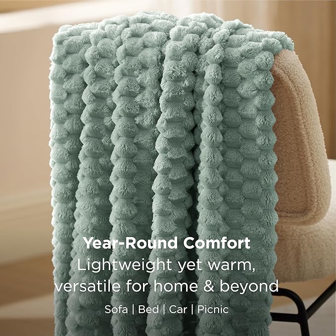 Bedsure Sage Green Throw Blanket for Couch - 350GSM Fluffy Plush Bubble Blanket for Bed Home Room Decor, GentleSoft Cute Fleece Soft Cozy Gifts for Women Girls, 50x60 Inches
