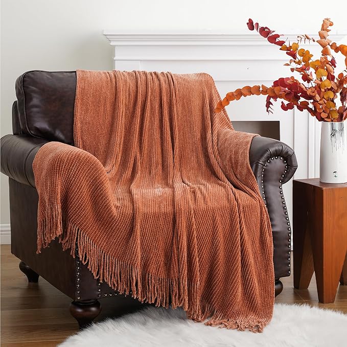 BATTILO HOME Rust Orange Throw Blanket for Couch, Soft Chenille Knit Throws with Tassels for Home Decor, Fall Caramel Throws for Couch Cover, 60"x80"
