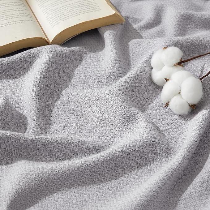 Bedsure GentleSoft 100% Cotton Blanket King Size for Bed - Breathable and Lightweight, Soft Cozy Textured Herringbone Woven Blanket for Summer Spring, Cool Grey, 108x90 inches
