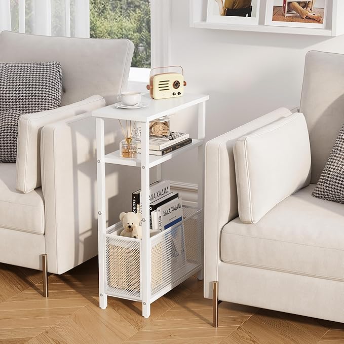 Narrow Side Table with Storage Basket Skinny End Tables for Smalls Spaces 3 Tier Sofa Table Small Nightstand Slim Bedside Table for Living Room Bedroom White MLBZ22W