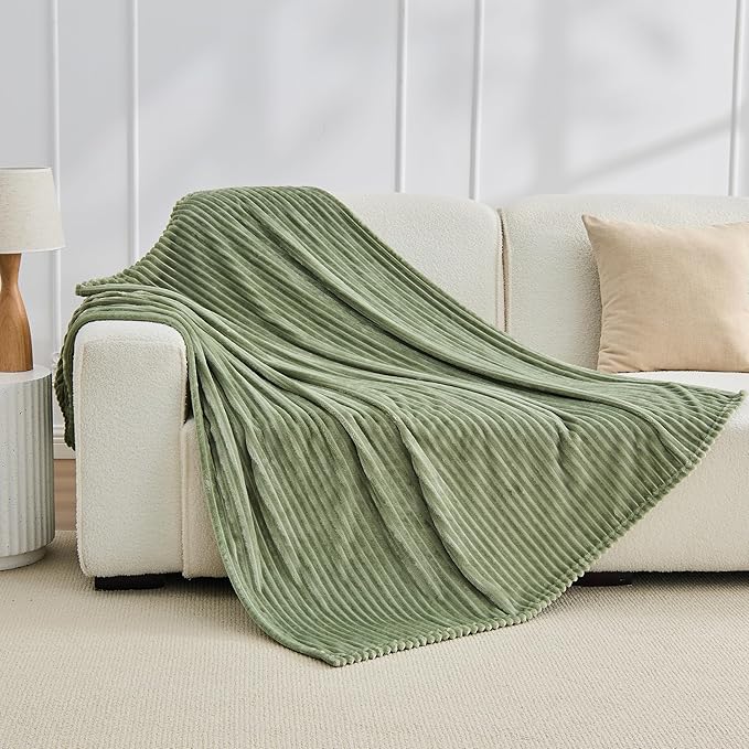 Bnuitland Sage Green Flannel Throw Blanket,300GSM Super Soft Fleece Stripe Pattern Sofa Blanket for Adults and Kids, Lightweight Cozy Bed Throw for Home Decor All Season