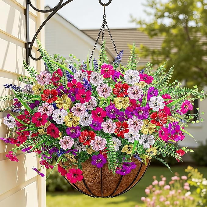 Alupssuc 24 Bundles Artificial Flowers for Outdoors Spring Decoration, UV Resistant Faux Eucalyptus Violet and Lavender Silk Fake Plants for Outside Indoor Decor, Red Rose Purple Yellow Pink White
