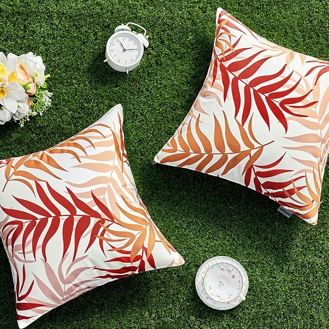 MIULEE Pack of 2 Decorative Outdoor Waterproof Throw Pillow Covers Patio Pillow Cases Natural Leaves Pattern Spring Square Cushion Shams Shell for Garden Balcony Couch 16x16 Inch, Orange