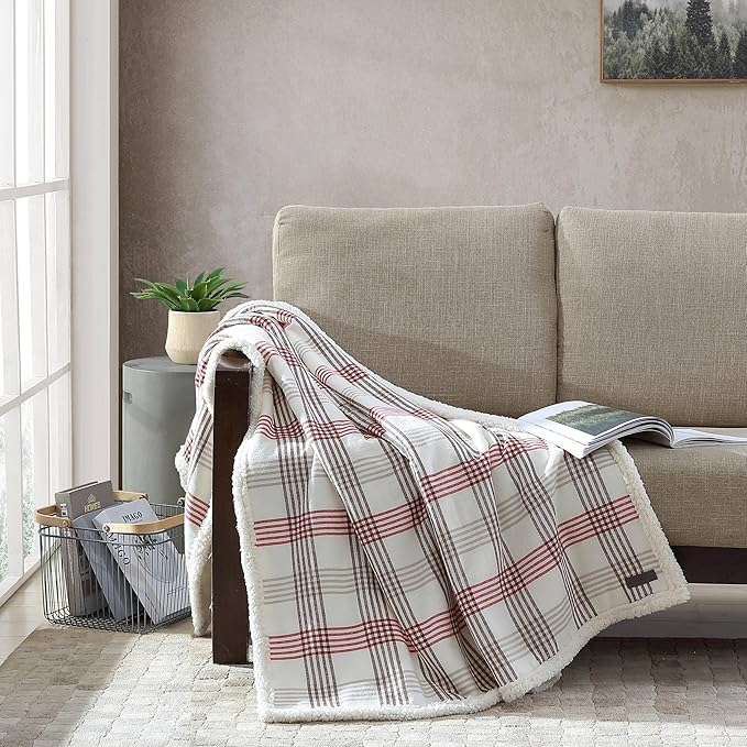 Eddie Bauer - Throw Blanket, Brushed Fleece & Plush Sherpa Bedding, Blanket for Couch & Bed (New Castle Red, 50" x 60")