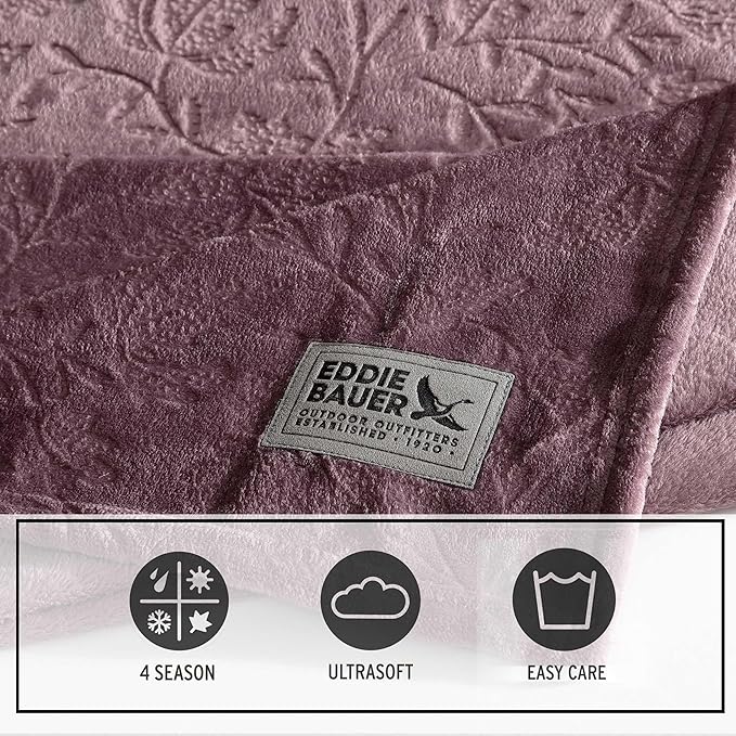 Eddie Bauer - Throw Blanket, Ultra-Soft & Embossed Plush Bedding, Blanket for Couch & Bed (Woodblock Floral Purple, 50" x 70")