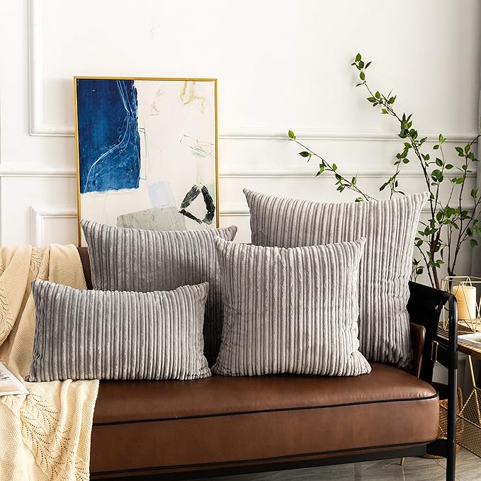 UGASA Pack of 2, Velvet Pillow Covers Striped, Soft Textured Throw Cushion Case Set, Accent Corduroy Lumbar Pillowcases with Hidden Zipper for Home Decor Indoor Outdoor (12"x20", Light Grey)