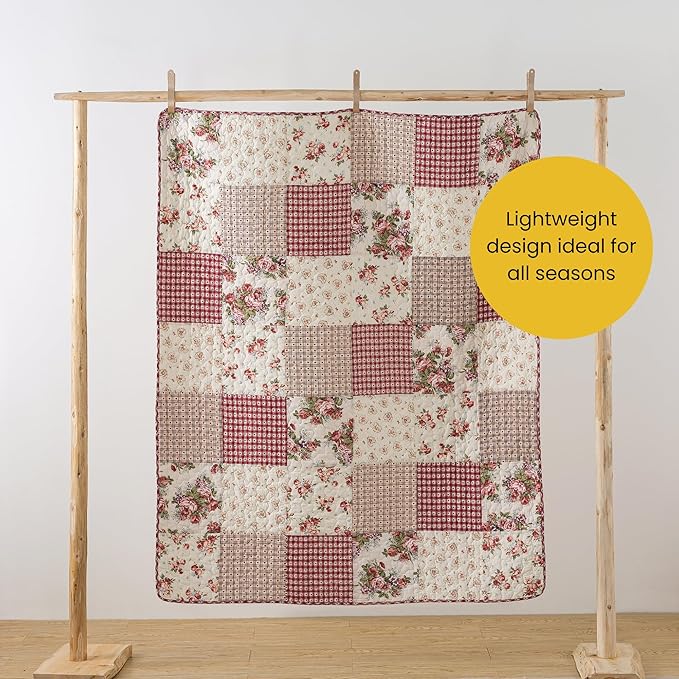 SLPR Cotton Quilted Throw Blanket, 50" x 60" Floral Farmhouse Patchwork Quilt, Shabby Chic Patchwork Throw Lap Quilt for Couch, Country Roses