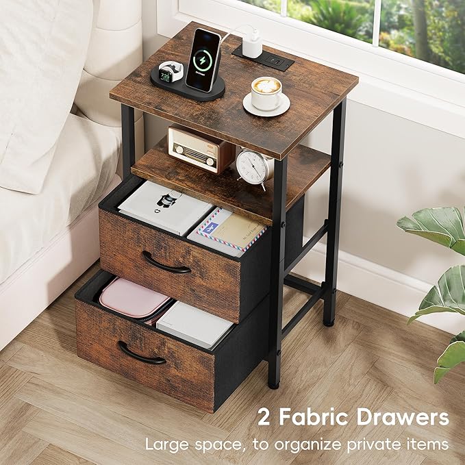 Vagusicc Nightstand with Charging Station, Small Night Stand with Fabric Drawers for Bedroom, End Table, Bedside Table with USB Ports & Outlet, 24.2" Tall Bed Side Table with Open Shelf, Rustic Brown