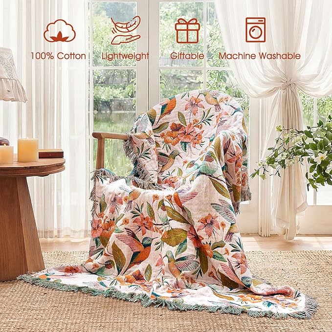 Boho Throw Blanket - 60"x80" 100% Cotton Ultra Soft Lightweight Spring Blanket, 4-Layer Breathable Muslin Blankets for Bed Couch, Reversible Blue Floral Bird Printed Bohemian Cotton Quilt