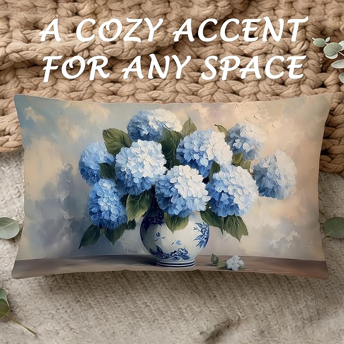 Blue Chinoiserie Hydrangea Floral Lumbar Pillow Cover 12x20 Double-Sided, Grandmillennial Decor, Vintage Farmhouse Spring Flower Decorative Throw Pillow Cover for Living Room Home Bedroom