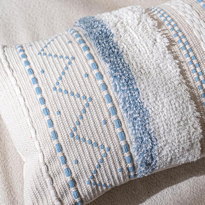 BlissBlush 20X20 Throw Pillow Cover, Coastal Blue Square Decorative Cushion Cover, Boho Accent Pillowcase with Tassels for Couch Sofa Living Room (Cover Only)