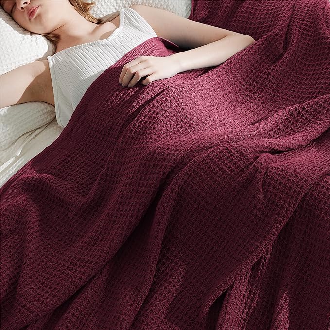 Bedsure Gentlesoft 100% Cotton Blanket Queen Size for Bed - Breathable and Soft for Spring Summer, Thick Cozy Waffle Weave Blanket Gifts for Women, Red, 90x90 Inches