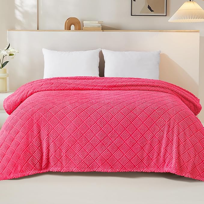 Whale Flotilla Fuzzy Fleece King Size Blanket for Bed, Soft Fluffy Jacquard Waffle Blankets for All Season, Lightweight and Warm, 90x104 Inch, Hot Pink