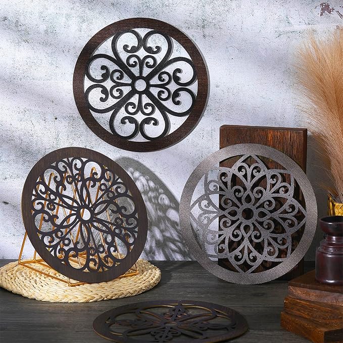 Yulejo 4 Pcs Thicken Rustic Wall Decor Farmhouse Kitchen Wall Round Art Wooden Hollow Carved Design Rustic Art for Living Room Bedroom Hallway Decor (9.8 x 9.8 Inch,Black, Brown)