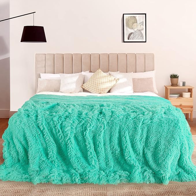 TOONOW Extra Soft Fuzzy Faux Fur Blanket Twin Size 70"x78", Reversible Lightweight Plush Fuzzy Cozy Soft Blankets and Throws for Couch Sofa Bed, Decorative Fluffy Plush Comfy Blanket, Turquoise