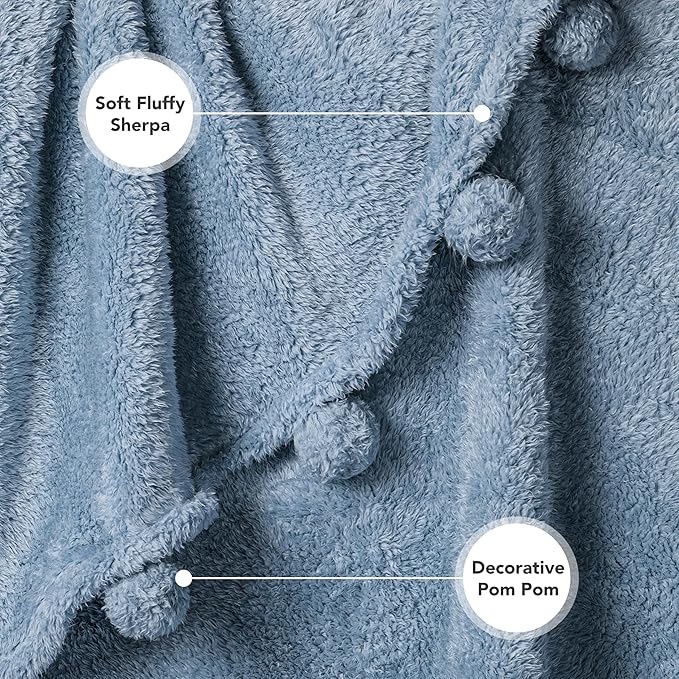 Pavilia Blue Sherpa Throw Blanket for Couch, Warm Plush Fuzzy Blanket Throw with Pom Poms, Dusty Blue, 60x80