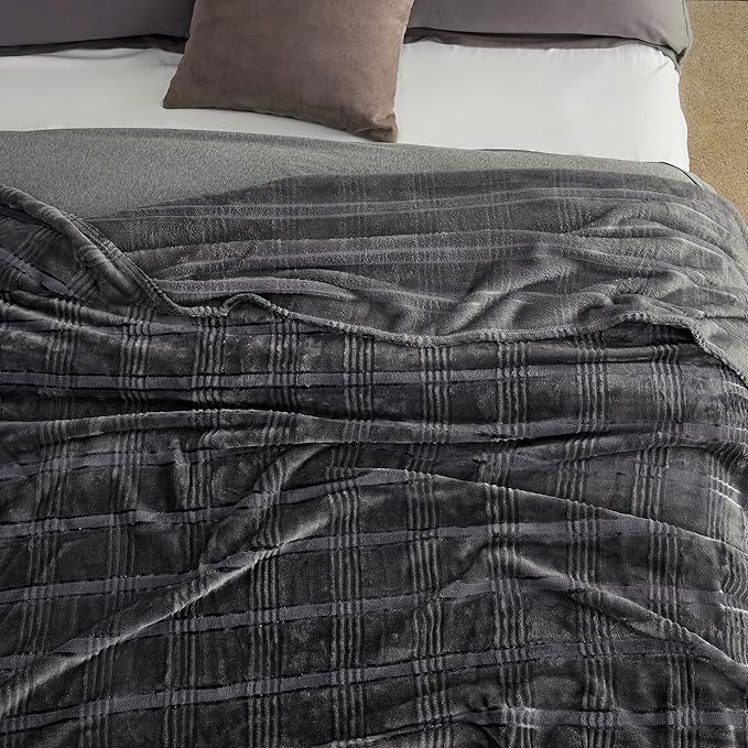 Super Soft Flannel Throw Blanket 50x60 Inches, Premium Checkered Jacquaed Silky Fleece Lightweight Bed Blanket All Season Use, Dark Grey Strip, 50"x60"