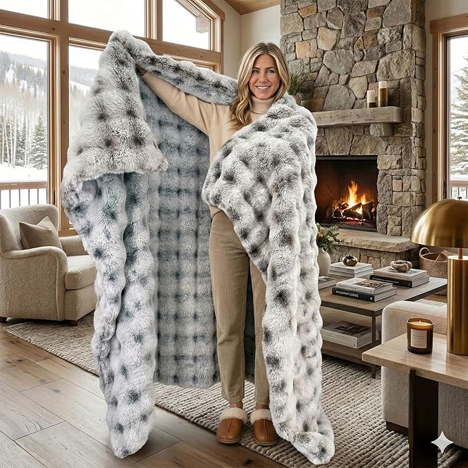 Luxury 1000GSM Double-Sided 3D Bubble Throw Blanket, 60x80 Inches, Reversible Two-Tone Faux Rabbit Fur, Frosted Black & Brown White-Tipped, High-Density Ultra Soft Warm Blanket for Sofa