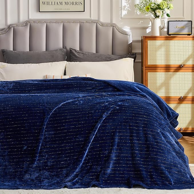 Super Soft Flannel Throw Blanket 50x60 Inches, Premium Gold Glitter Stripes Silky Fleece Lightweight Bed Blanket All Season Use, Navy Blue, 50"x60"