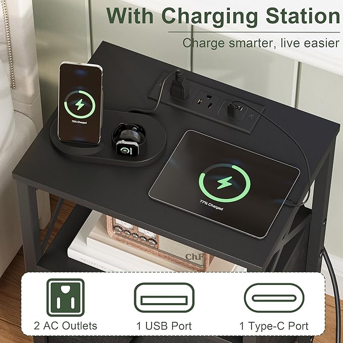 Nightstands Set of 2, Night Stand with Charging Station, Small Bedside Table with Storage Shelf, End Table with USB Ports & Outlets, with Fabric Drawers, for Couch, Bedroom(Black) LET105B-2
