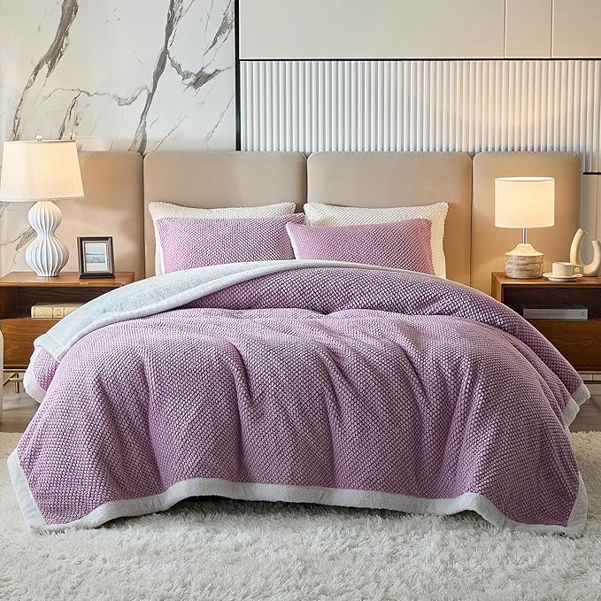 Luxury Flannel Fleece Sherpa Blankets Twin Size for Bed, Jacquard Boho 3-Layer Thick and Warm Blanket for Winter, Soft Cozy Fuzzy Plush Velvet Blanket with 2 Pillow Cases, Purple, 68x86 Inches