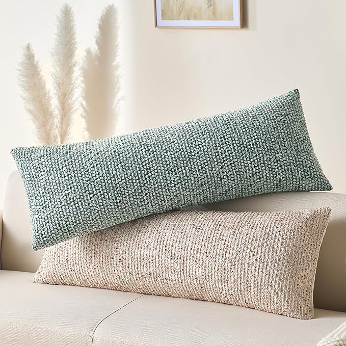 Allorry Decorative Lumbar Pillow Cover 14x36 Beige Striped Wool Long Body Pillow Neutral Textured Boho Lumbar Throw Pillow Cushion Covers for Modern Farmhouse Sofa Bed Living Room Decor SY011-A14