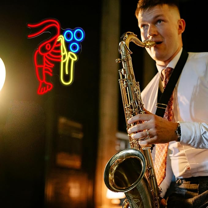 Lobster Saxophone Neon Sign for Wall Decor Jazz Music Neon Light Sign Vintage Jazz Shrimp LED Light Sign for Classroom Office Party Bedroom Man Cave Decor