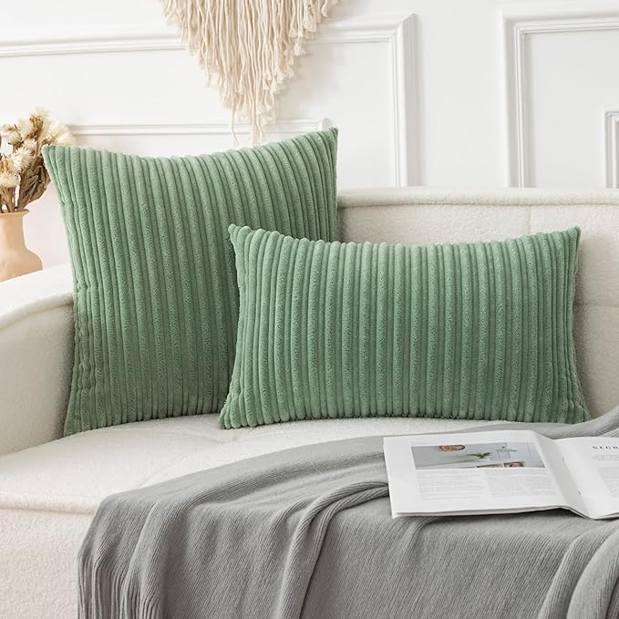 UGASA 18x18 Inch Soft Throw Pillow Cover Corduroy Striped Solid Square Cushion Case Boho Farmhouse for Couch Bedroom Sofa Home, 1 Piece, Sage Green